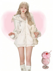 Thicken Version Daily Kawaii Plush Hooded Jacket - Cat Ear Hood, Lace Trim & Cross Accents with Bow Details