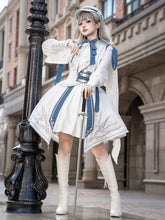 White and Blue Military Lolita Outfit Long Sleeves Top + Corset Belt High Waist Skirt