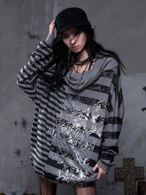 Y2K Versatile Punk Gray Off-Shoulder Batwing Sweatshirt Dress with Cross Print & Black Stripes