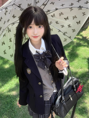 Dark Blue Preppy Style Badge Decorated Button Cuffs Design JK Uniform Blazer