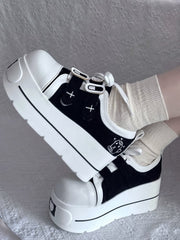 Yami Kawaii Black and White Platform Sneakers Low-top Version with Lace-up & Velcro Strap Closures