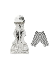 Punk Two-Piece Casual Set: White Graffiti Cutout Hoodie Dress & Striped Shorts
