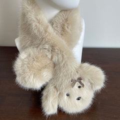 White/Grey/Pink/Apricot Puppy-shaped Bow Detail Shaggy Scarf