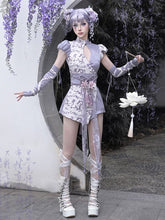 Purple Puff Sleeves Cutout Short Qipao Dress Shorts Lined