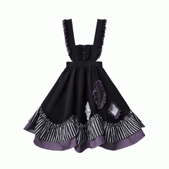 Bittersweet Lolita Apron Dress in Black Stripes and Purple Polka Dot