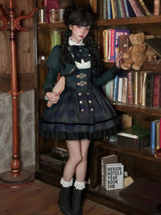 Green Preppy Style Lolita Set - Short Version Under Bust JSK + Shirt + Cropped Top