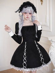 Black Juliette Sleeves Lolita Short Dress with Contrast Lacing and Lace Trim