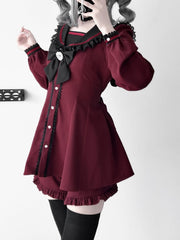 Wine Red Jirai Kei Set- Sailor Collar Bunny Ears Design Back Mini Dress + Ruffle Hem Shorts + Bow Tie