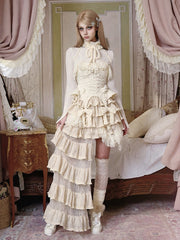 Cream Apricot Asymmetrical Tiered Sequined Lace Skirt