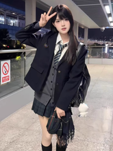 Dark Blue Preppy Style Badge Decorated Button Cuffs Design JK Uniform Blazer