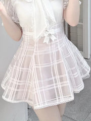 Jirai Kei Pink Plaid Organza Skirt with Lace-up Back
