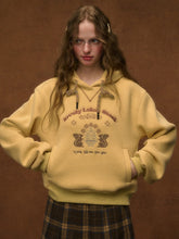 Yellow Preppy Style Hoodie with Squirrel Embroidery & Drawstring Hood