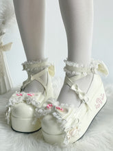 White Sweet Lolita Platforms - Candy Print Heel, Decorative Bows & Lace Edging
