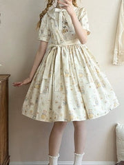 Long Version Beige Bear Print Short Sleeves Sweet Lolita Dress