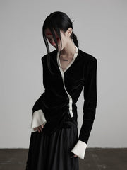 Urban Goth Black & White V-Neck Asymmetrical-Button Velvet Cardigan