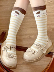 Coffee Puppy Print Striped Pattern Lolita Calf Socks