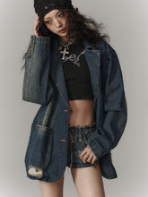 Vintage Blue Punk Distressed Hole Denim Blazer with 3D Pockets & Longline Fit