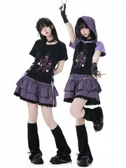 Y2K Purple Elastic Waist Lace Trim Plaid Skort