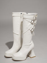 White Buckle Straps High Block Heel Platform Boots