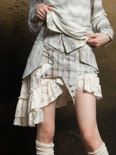 Light Gray & Black Striped Patchwork Punk Skirt with Plaid Star Applique & Apricot Asymmetrical Hem