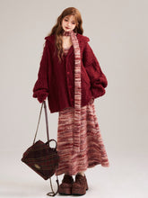 Red Loose Hooded Cardigan with Button Placket