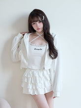 White Jirai Kei Zip Hoodie + White Lace Letter Pattern Camisole Set