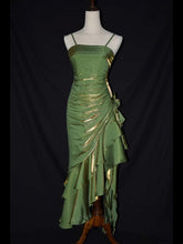 Grass Green Vintage Floral Dress Asymmetrical Hem Prom Gown