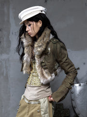 Vintage Street Punk Green Denim Crop Jacket with Faux Fur Collar & Buckle Straps