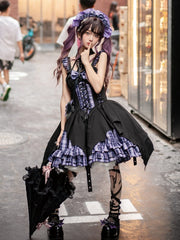 Black and Purple Punk Lolita Plaid Idol Dress Strappy Bat Hem Jumper Skirt