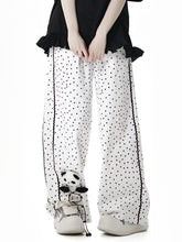 White Polka-Dot Pattern Cotton Straight-Leg Pants with Panda Plushie