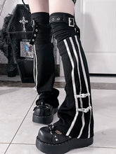 Gothic Cheongsam Style Black Leg Warmerswith Buckle Straps&Side White Stripes+Knot Details