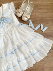White and Blue Polka-dot Pattern Sailor Collar Navycore Dress Tiered Skirt