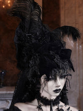 Black Gothic High-Top Feather Hat with Velvet Bow and Detachable Lace Veil