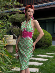 Vintage Green Plaid and Floral Pattern Backless Sheath Dress