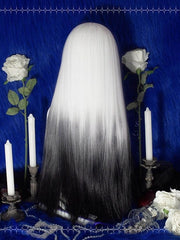 White and Black Ombre Color Long Straight Wig Princess Cut