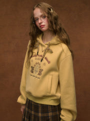 Yellow Preppy Style Hoodie with Squirrel Embroidery & Drawstring Hood