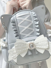 Jirai Kei Light Blue Cat Ear Backpack With Beaded and Rhinestone Bow