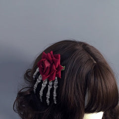 Skeleton Hand Hairclip with Red Rose Accent/Skeleton Hairclip with Red Rose