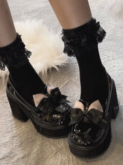 Polished/Matte Black Jirai Kei High Block Heel Platform Slipons with Detachable Bowknots