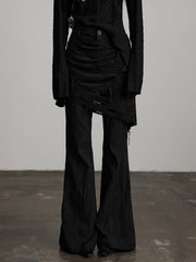 Urban Goth Black Ruched Patterns Flared Pants with Distressed Skirted Waist Cincher