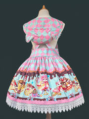 Pink & Green Diamond Pattern Sweet Lolita Overall Dress with Dessert Print and Cat Ear Hood