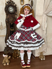 Plush Neckline Red Plaid Winter Lolita Dress with Bear and Heart Appliques