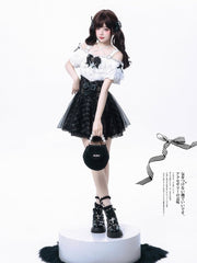 Jirai Kei Black Plaid Skirt High Waist with Layered Overlay & Dual Bow Accents