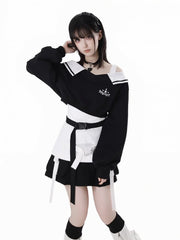 Wasteland Punk Black V-Neck Futuristic Techwear Cropped Sweatshirt