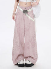 Light Pink Low Waist Studded Cross Appliques Wide-Leg Jeans