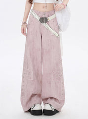 Light Pink Low Waist Studded Cross Appliques Wide-Leg Jeans