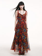 Red Floral Tie Dye Slip Dress with Plaid Ribbon Straps & Cascading Ruffles