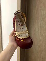 Wine Red Sweet Lolita Low-heel Mary Janes with Scalloped Hem & Bow Accents
