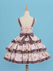 Adorable Fluffy Kitty Print Pink Sweet Dress Cat Ears Big Bow Bodice Lolita Jumper Skirt