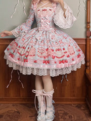 Strawberry Cake Print Blue Sweet Lolita Dress Long Bell Sleeves One Piece